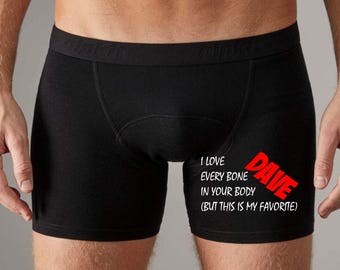 Boxer divertenti da uomo, intimo spiritoso con la scritta "I Love Every Bone", regalo di San Valentino con nome personalizzato, regalo per coppie