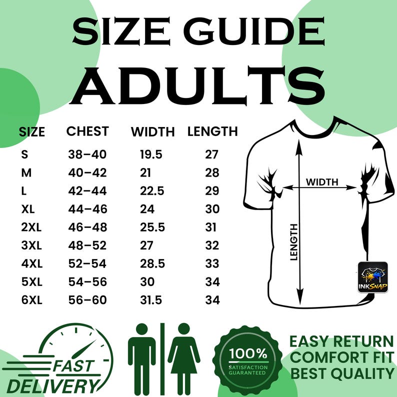 May include: An adult size guide chart for t-shirts featuring a table with sizes S through 6XL, chest, width, and length measurements in inches. Includes a line drawing of a t-shirt with width and length arrows, a clock icon, and text.
