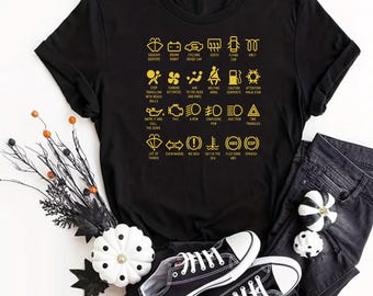 T-Shirt mit Warnleuchten im Armaturenbrett, lustiges Grafik-T-Shirt mit Mechaniker-Flussdiagramm, witziges Geschenk für Autofahrer, schwarzes Baumwoll-T-Shirt für Autoreparaturen