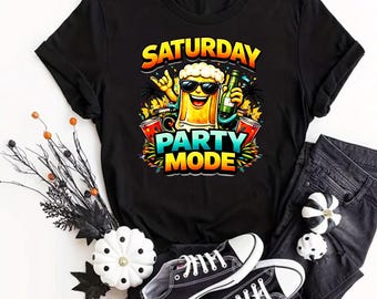 Samstag Party-Modus Bier-T-Shirt, Neuheit Retro Disco Bar Partywear-Shirt, cooles Kurzarm-T-Shirt aus 100% Baumwolle für Erwachsene mit normaler Passform