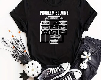 T-Shirt mit Problemlösungs-Flussdiagramm, lustiges Ingenieur-T-Shirt mit Flussdiagramm-Grafik, witziges Geschenk für Büroangestellte, schwarzes Baumwoll-Entwickler-Top