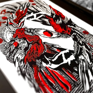 Peut inclure: Impression d'art abstrait avec un design saisissant en noir, blanc et rouge. L'œuvre présente des motifs et des formes complexes, créant une expérience visuelle dynamique. La palette de couleurs audacieuse et le trait détaillé en font une pièce captivante.