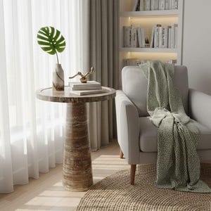 Travertine Pedestal Side Table | Natural Stone Tapered Base, Modern Living Room Accent