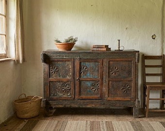 Hand Carved Rustic Wooden Sideboard Storage Cabinet