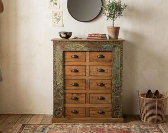 Hand Carved Wooden Chest of Drawers Rustic Storage Cabinet