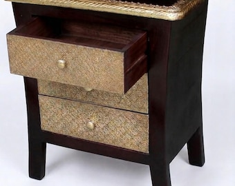 Brass Inlay Wooden Bedside Table 3 Drawer Nightstand