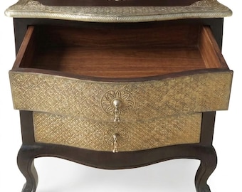 Brass Inlay Curved Chest of Drawers Vintage Accent Table | DesignForAges