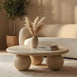 Round Travertine Coffee Table with Sphere Base by Design For Ages
