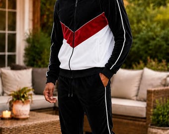 Schwarz Rot Weißer Samt Trainingsanzug für Männer - Luxus Velour Streetwear Set