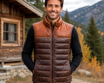 Men's Genuine Leather Puffer Vest Quilted Sleeveless Winter Jacket Outdoor Casual Wear