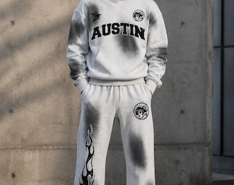 Men's Oversized Hoodie Tracksuit Set with Spray Effect Wide Leg Joggers Streetwear Outfit