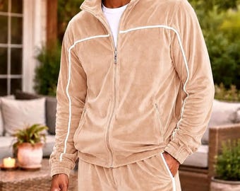 Men's Velour Tracksuit Set Soft Velvet Zip Up Jogger Lounge Activewear Outfit