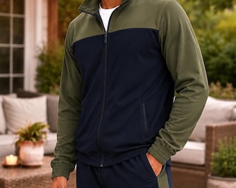 Zweifarbiger Velour-Sportanzug für Herren - Luxus-Sportanzug mit durchgehendem Reißverschluss für Herren