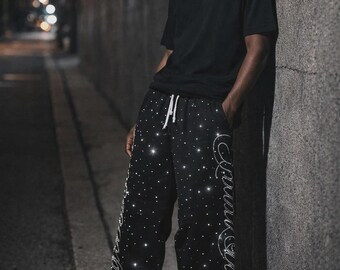 Pantalones deportivos holgados con diamantes de imitación para hombre, estilo Y2K, con cordón en la cintura y pernera ancha, ropa de calle con bolsillos