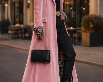 Dusty Rose Velvet Trench Coat Women, Leopard Lining Long Overcoat, Elegant Evening Coat