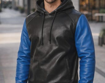 Handgemaakte leren hoodie heren zwart blauwe capuchon leren jas streetwear stijl