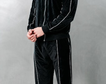 Herren Schwarz Velour Trainingsanzug Set - Luxus Samt Streetwear Trainingsanzug für Männer