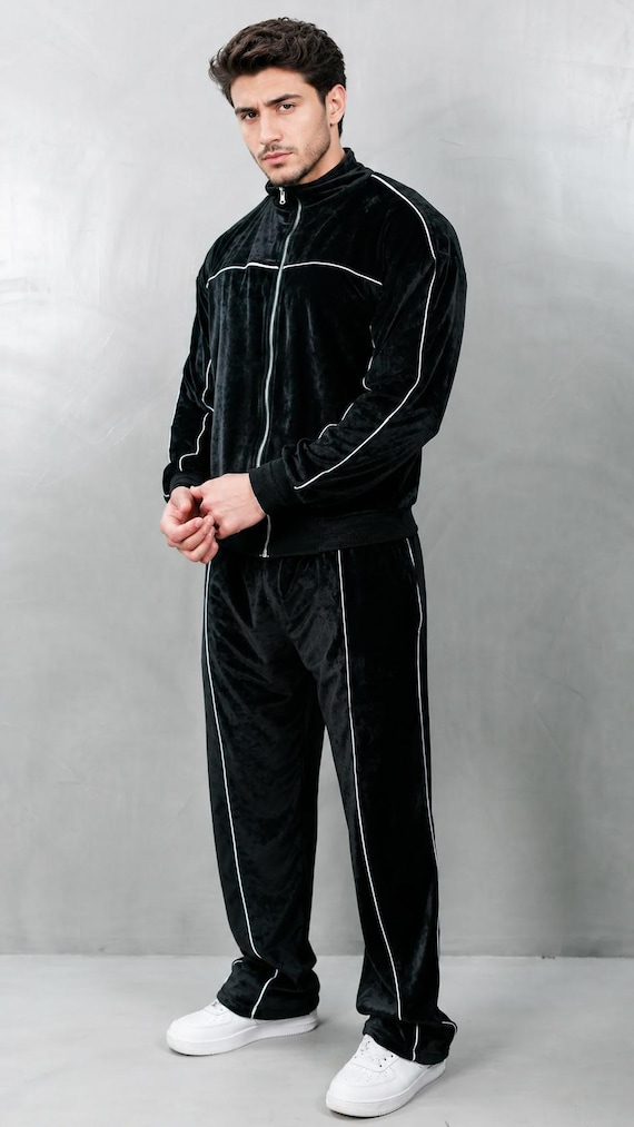 Men’s Black Velour Tracksuit Set – Luxury Velvet Streetwear Track Suit for Men