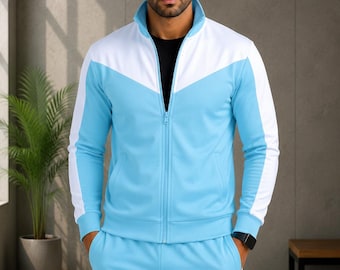 Men's Sky Blue Contrast Tracksuit Set with Full Zip Jacket and Straight Leg Pants