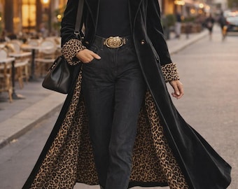 Velvet Trench Coat Women Long Coat Luxury Leopard Lining Stylish Winter Blazer