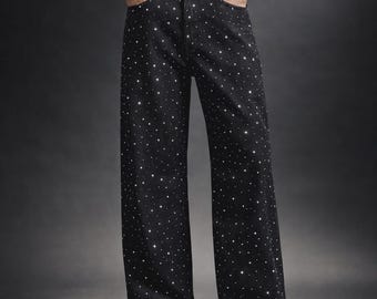 Herren Strass Baggy Jeans - Schwarze funkelnde Jeans mit geradem Bein