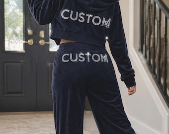 Women Y2K Velour Tracksuit Custom Bling Hoodie And Sweatpants