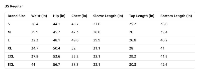 May include: A white chart titled "US Regular" displays garment measurements in inches. Sizes range from S to 3XL, with waist measurements from 28.4 to 41 inches, and bottom lengths from 38.6 to 42.6 inches.