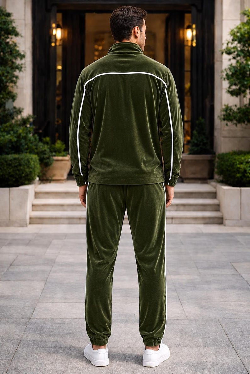 May include: Olive green velour tracksuit with white trim. The jacket has a zip-up front and the pants have a straight leg design. The outfit is paired with white sneakers. A comfortable and stylish athletic set.