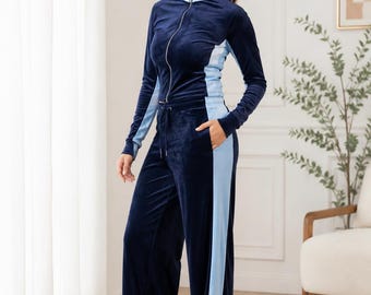 Damen Navy Velour Trainingsanzug Y2K Samt Lounge Co Ord mit weitem Bein Outfit für Frauen