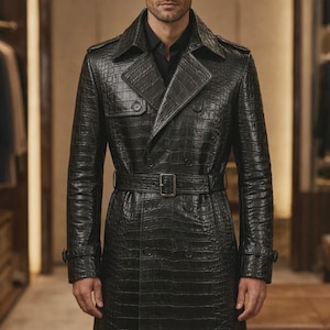 Gabardina de piel de cocodrilo negra hecha a mano para hombre, abrigo largo de lujo con cinturón.
