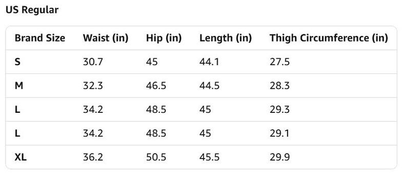 Puede incluir: Un gr&aacute;fico blanco titulado "US Regular" muestra las medidas de tallas. El gr&aacute;fico incluye tallas de marca S, M, L y XL, con las medidas correspondientes de cintura, cadera, largo y circunferencia del muslo en cent&iacute;metros. Las medidas de cintura var&iacute;an de 78 cm a 91,9 cm.