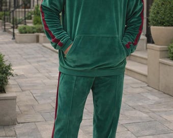 Grün Velour Trainingsanzug Herren Kapuzen Streetwear Luxus Zweiteiler Outfit