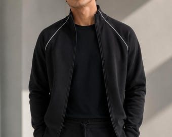 Men's Black Athletic Tracksuit Set – Zip Up Jacket & Jogger Pants Activewear