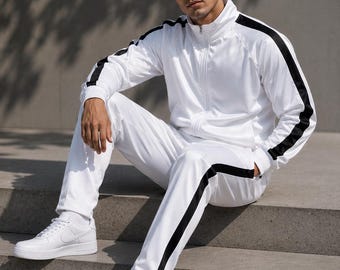 Men's Luxury White Tracksuit Set Athletic Zip Up Jogging Suit Streetwear Outfit Activewear