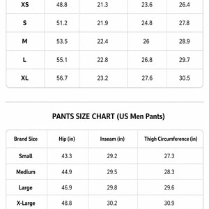 Op de afbeelding: Maattabellen voor hoodies en broeken, metingen in inches. De hoodie-tabel bevat borst-, mouw-, schouder- en lengtematen voor maten XS tot XL. De broekentabel geeft heup-, binnenbeen- en dijbeenomtrek voor maten Small tot XX-Large.
