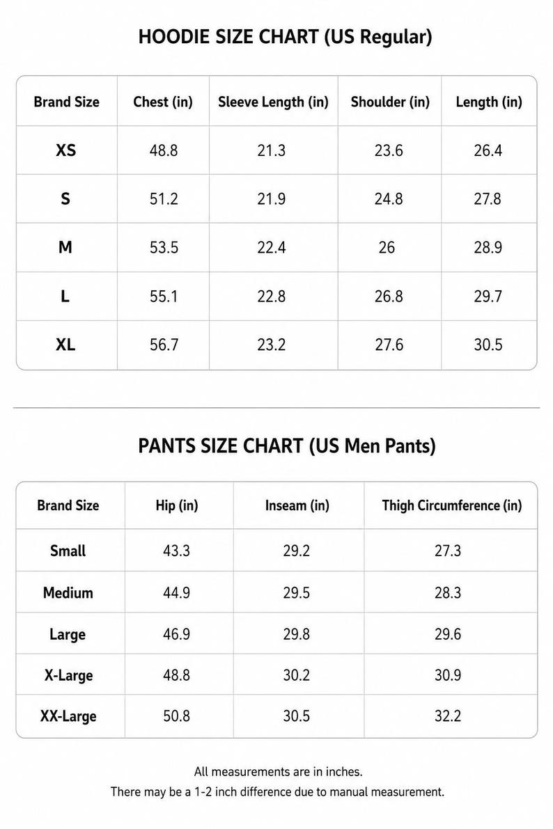 Op de afbeelding: Maattabellen voor hoodies en broeken, metingen in inches. De hoodie-tabel bevat borst-, mouw-, schouder- en lengtematen voor maten XS tot XL. De broekentabel geeft heup-, binnenbeen- en dijbeenomtrek voor maten Small tot XX-Large.