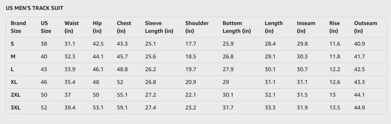 K&ouml;nnte beinhalten: Eine detaillierte Gr&ouml;&szlig;entabelle f&uuml;r einen US-Herren-Trainingsanzug, die Ma&szlig;e in Zoll anzeigt. Die Tabelle enth&auml;lt Marken- und US-Gr&ouml;&szlig;e, Taille, H&uuml;fte, Brust, &Auml;rmell&auml;nge, Schulter, Unterl&auml;nge, L&auml;nge, Schrittl&auml;nge, Bundh&ouml;he und Au&szlig;ennaht.