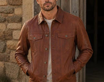 Vintage Cognac Braun Leder Trucker Jacke für Herren, Echtleder Casual Westernmantel