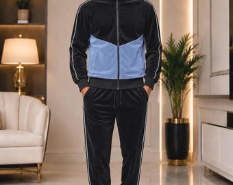 Herren Velour Trainingsanzug Set Schwarz Grau Luxus Streetwear Zip Up Jogger Outfit