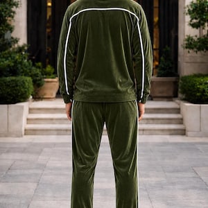 May include: Olive green velour tracksuit with white trim. The jacket has a zip-up front and the pants have a straight leg design. The outfit is paired with white sneakers. A comfortable and stylish athletic set.