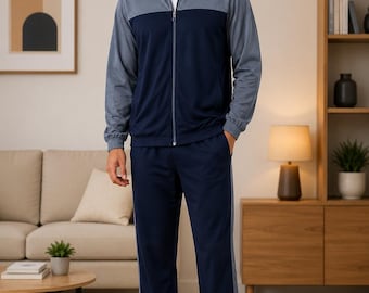 Luxus Velour Trainingsanzug Set für Herren - Navy Blau & Blaugrau Full-zip Lässiges Streetwear Outfit