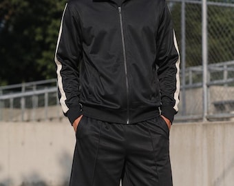 Men's Black Stripe Tracksuit Set with Shorts Casual Athletic Streetwear Outfit