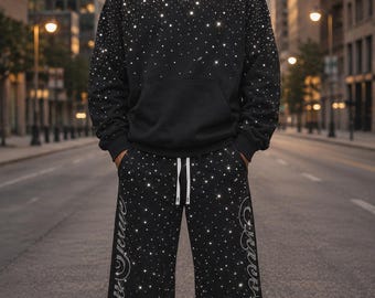 Schwarz Strass Trainingsanzug Männer Streetwear Hoodie Weites Bein Jogginghose Set