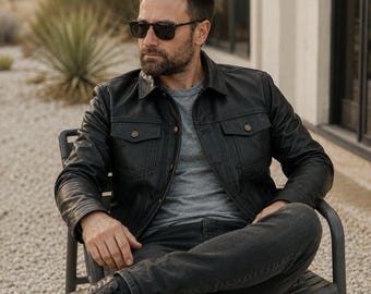 Herren Echtleder Trucker Jacke Vintage Distressed Western Style Lässiger Bikermantel