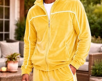 Herren Velour Jogger Set Premuim Gelb Full-Zip Trainingsanzug Outfit