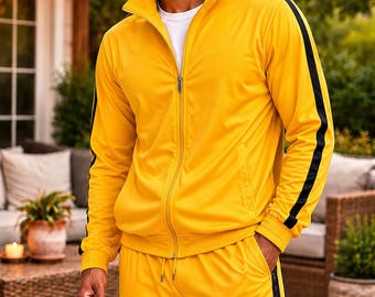 Herren Gelb Polyester Trainingsanzug mit Schwarzen Streifen Sportlich Casual Streetwear Outfit