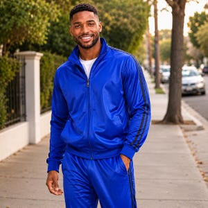 May include: A bright blue tracksuit, comprising a zip-up jacket with black stripes on the sleeves and matching trousers. The jacket has a stand-up collar and pockets. The outfit is made of a shiny material, suitable for athletic wear or casual use.