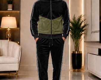 Herren Black Velour Trainingsanzug Set Olivgrün Panel Luxus Streetwear Zweiteiler Jogger Outfit