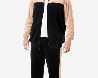 Herren Retro Velour Trainingsanzug Weiche Samt Reißverschlussjacke und Joggerhose