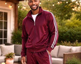 Herren Burgunder Streifen Trainingsanzug Set Lässige Zip Up Jacke Sportliches Jogger Outfit